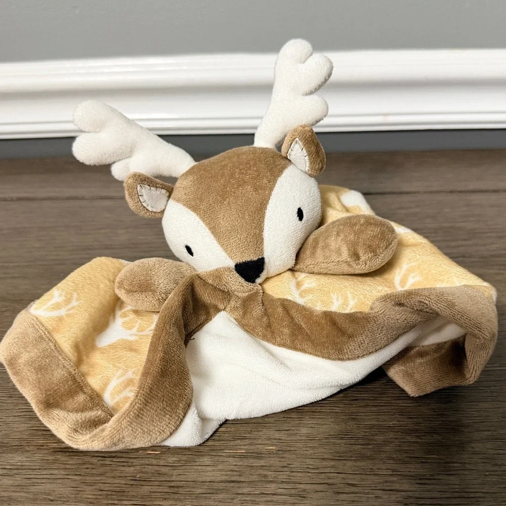 Levtex Baby Deer Lovey Security Blanket Plush Tan White Antler Print Woodland